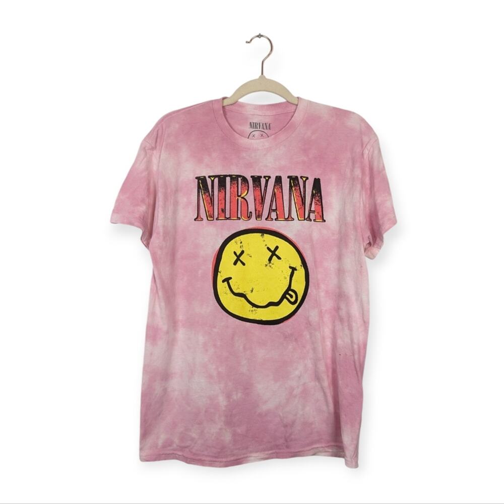 Nirvana Officially Licensed Pink Tie Dye Nevermind Smiley Grunge Band Tee
